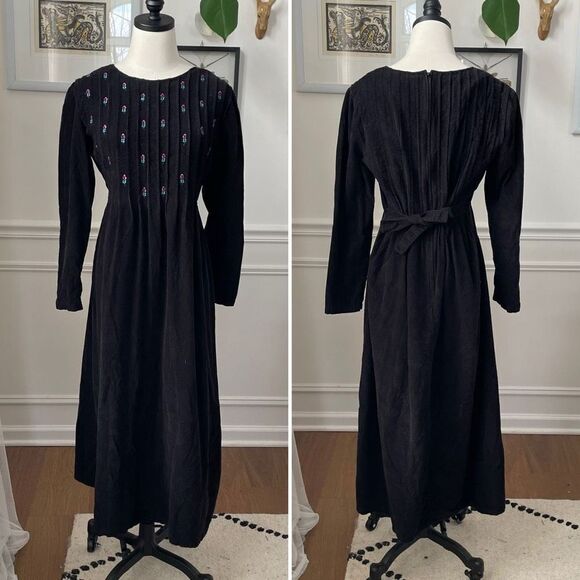 Vintage 80s Karin Stevens Black Corduroy Modest Prairie Dress 8 - Picture 1 of 11